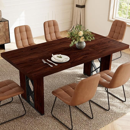 7-Piece Dining Table Set for 6 People, 70.8" MDF Kitchen Table with 6 Upholstered Chairs, Space-Saving for Dining Room, Breakfast Nook(Walnut Table+6 Brown Chairs)