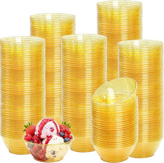 WUWEOT 150 Pack Gold Glitter Mini Plastic Bowls, 6Oz Disposable Dessert Bowls, Round Serving Bowl Small Party Snack Salsa Containers for Wedding Baby Shower Birthday Party