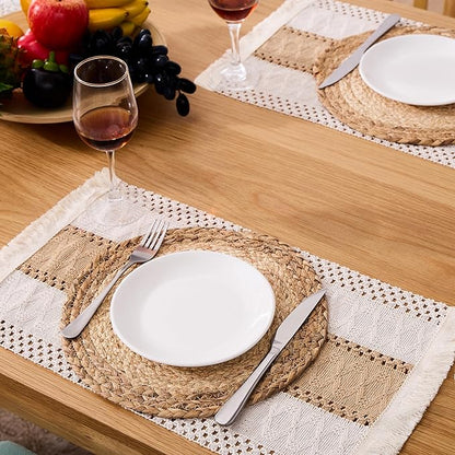 Handmade Boho Placemats Set of 6 - Natural Cotton Burlap and Water Straw Woven Rattan Wicker Braided Combination Table Mats, Macrame Table Décor Farmhouse Bohemian Style for Dining Room Table Kitchen