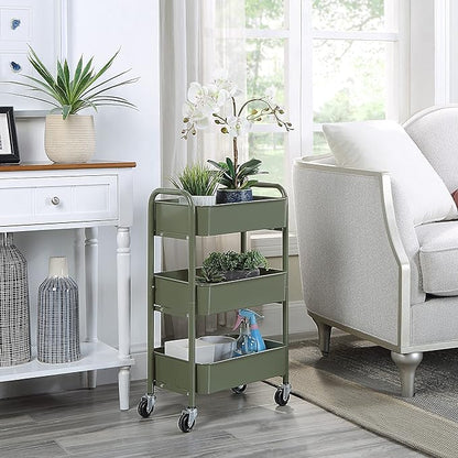 SunnyPoint 3-Tier Delicate Compact Rolling Metal Storage Organizer - Mobile Utility Cart Kitchen/Under Desk Cart with Caster Wheels - Army (15.35" X 10.24" X 26.8"H)