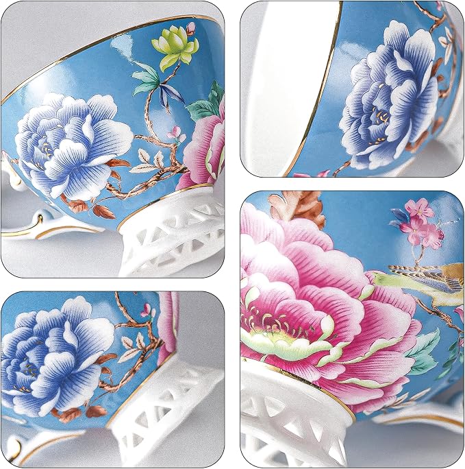 KAMMAK Tea Cups and Saucers Set of 2, Fine Bone China Coffee Cups, GH019 | - Image 8