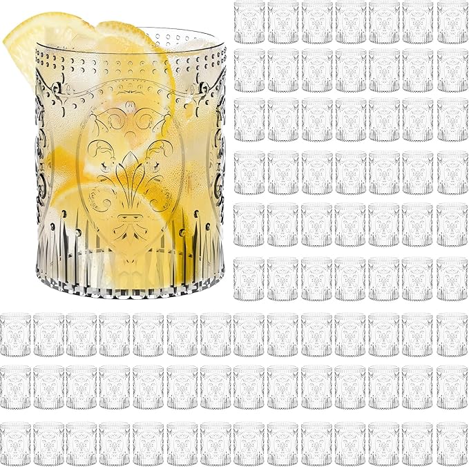 Qinyoung 100 Plastic Vintage Drinking Glasses 8.5oz Stemless Retro Embossed by Qinyoung