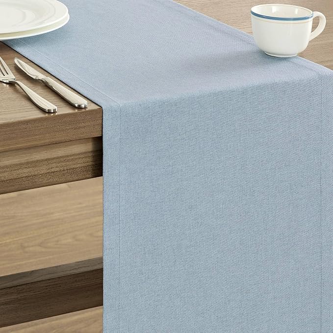 Basic Linen Style Table Runner, 14x90 Inch Chambray Blue | Mitered Corner Design - Image 4