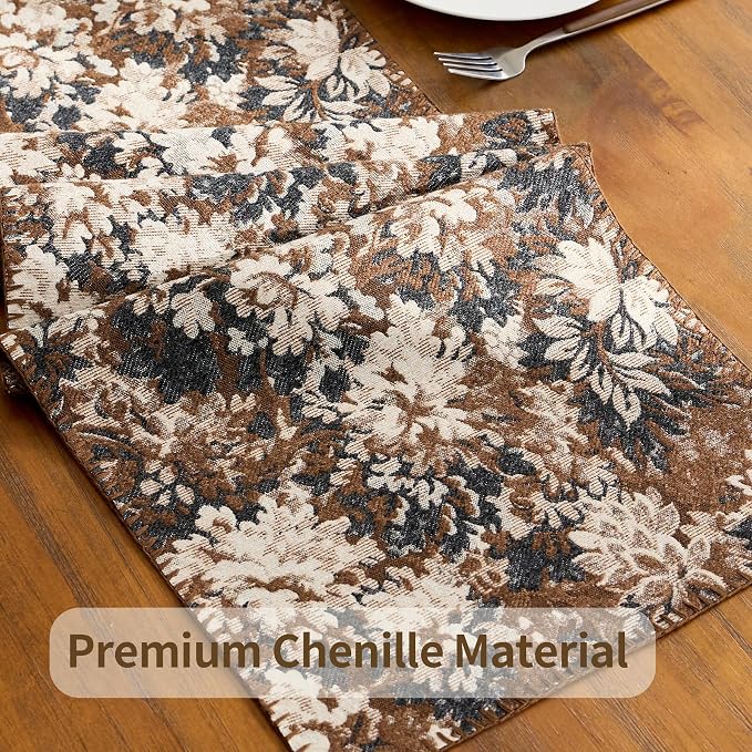 ORTIGIA Vintage Floral Table Runner, Boho Chenille Coffee Brown Farmhouse - Image 6