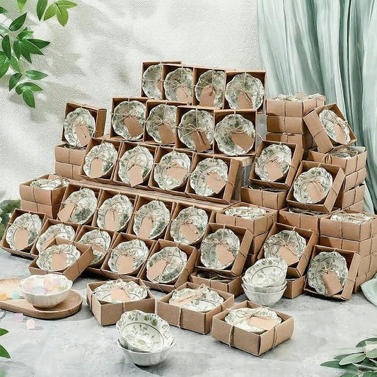 96 Pcs Wedding Favors for Guests Small Ceramic Bowl Bulk Gifts Set 3.3 Inch Floral Design Mini Dipping Sauce Dish with Card Box for Bridal Pooja Baby Shower Birthday Guest Gift (Sage Green)