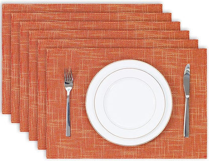 Kevin Textile Burlap Linen Placemats Set of 6 Heat Resistant Dining Table Place Mats Washable Kitchen Table Mats for Dinning Party Holiday Indoor Outdoor, 13 x19 inches, Orange