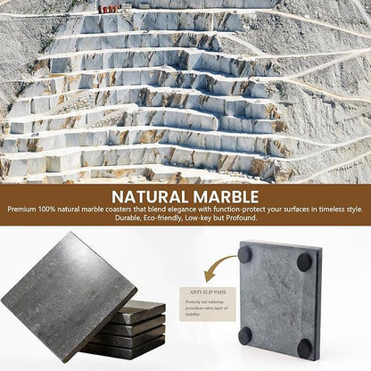 Natural Marble Coasters, Square Costers, Luxury Aesthetic Modern Decor for Coffee Table Bar Kitchen Home, Grey Marble, Real Natural Semi Absorbent Stone Coasters