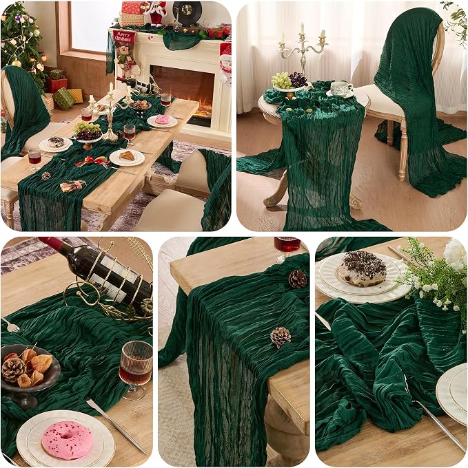6 Pack Emerald Green Cheesecloth Table Runner Boho Christmas Decor | 120 Inch - Image 8