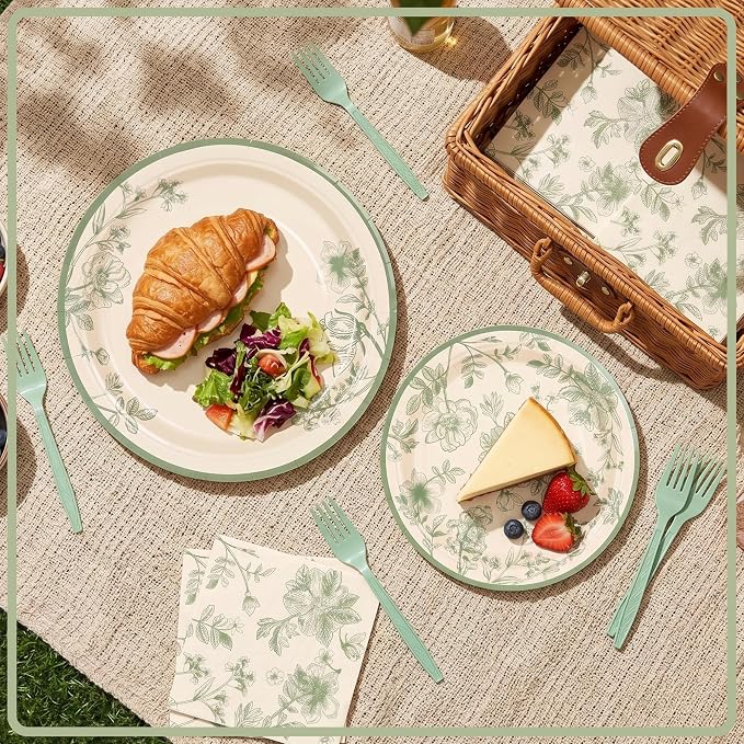 100 Pcs Disposable Sage Green Floral Tableware Set - Image 3