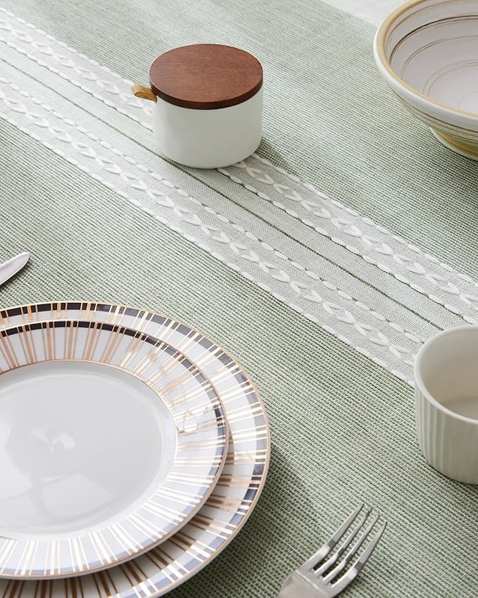 ZeeMart Contrast Linen Table Cloth Rectangle Table Cloths 60x120 Inch Mid-Stripe Green, Farmhouse Style Heavy Weight Sage Green Tablecloth, Water Resistant Burlap Tablecloths