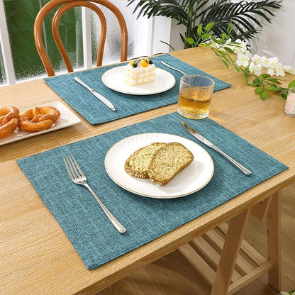 SHACOS Fabric Placemats Set of 4 Non Slip Machine Washable Heat Resistant Cloth Table Mats Soft Polyester Place Mats for Kitchen Dining Table, Dark Teal
