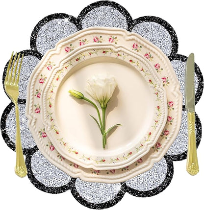 Washable Waterproof Diamond Circle Placemats for Round Tablescape Decor for Dinner and Kitchen Bling Placemats for Weddings & Special Events -6 PCS (Silver and Black)