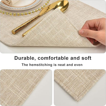 SLKQG Beige Linen Fabric Placemats Set of 4, Heat Resistant & Machine Washable Double-Layered Cloth Placemats for Dining Table, Indoor/Outdoor Use, Non-Slip Kitchen Table Mats (4, Beige Cream)