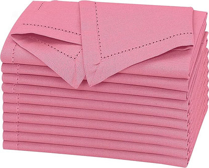 Ruvanti Premium Linen Napkins Set of 12-20x20 Inch, Classic Hemstitch, Mitered Corner Cloth Napkins ‎‎- Soft, Elegant Dinner Napkins Cloth Washable for Weddings, Parties, Everyday Use - Pink