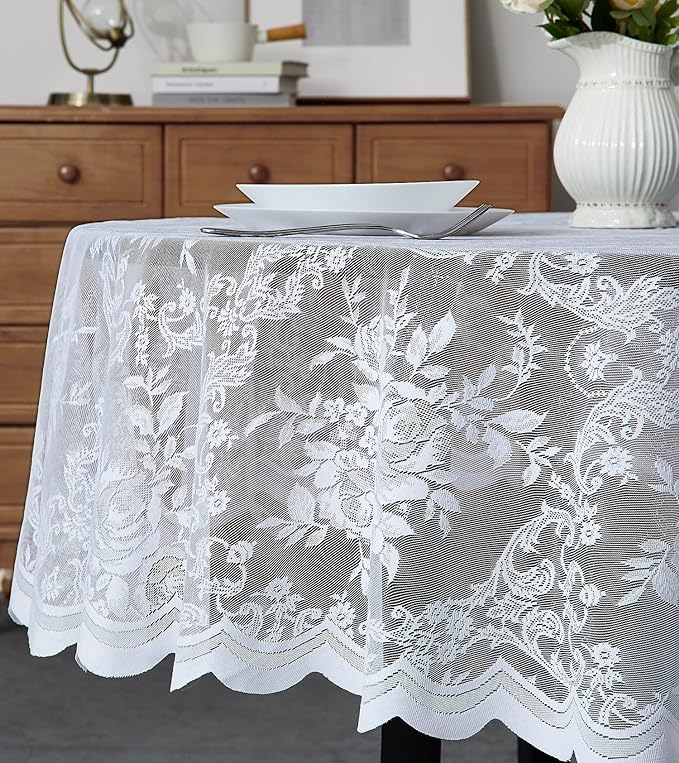 Warm Home Designs 70 Inch Round Tablecloth with English Rose Design. Use as Circle Tablecloth, Rustic Tablecloth or as Elegant Lace Table Cloth. White Table Clothes for 4-6 Guests. LTC White 70"