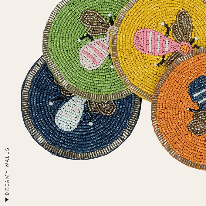Beaded Coaster Set of 4 – Multicolor Glass-Bead Drink Coasters, Boho Table Decor for Dining & Gifting