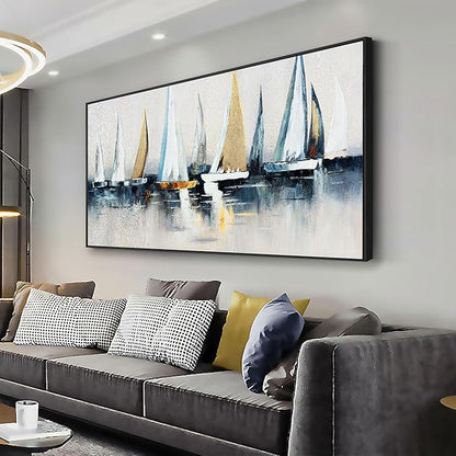 Abstract Wall Art Blue and White Sailboat Wall Paintings Framed Artwork for Living Room Bedroom Bathroom Office Home Decor Can Be Hung Directly 24"x 48"