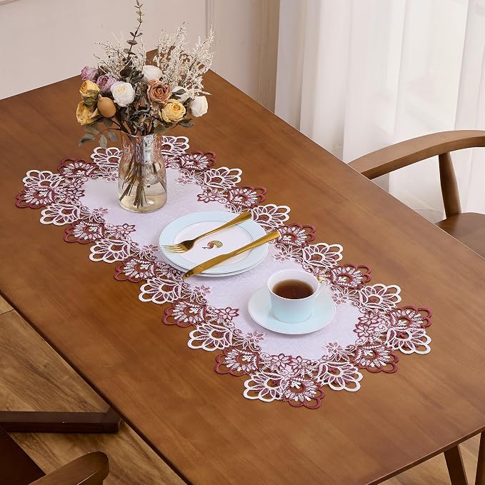 White Dark Red Jacquard Lace Floral Table Runner 108 inches | French Dresser - Image 2