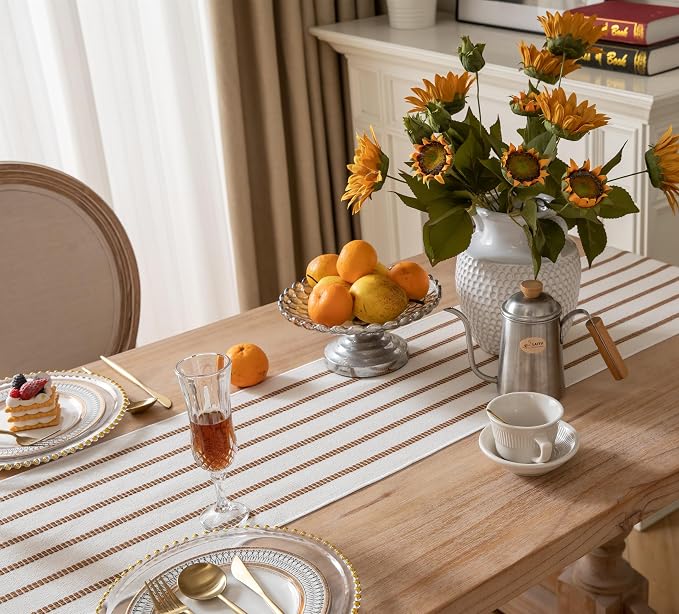 Caflife Boho Table Runner 90 Inchs Long Brown and Beige, Cotton and Linen Woven - Image 3