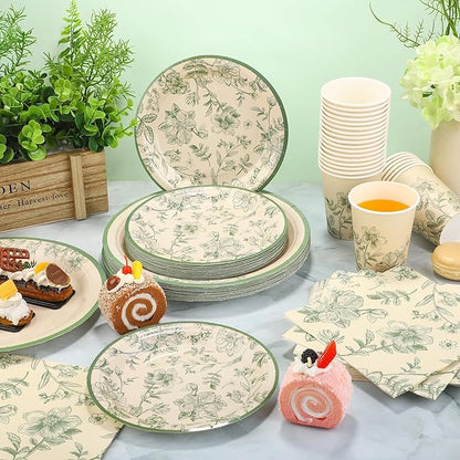 Kochorie 96 Pieces Sage Green Floral Party Supplies Elegant Floral Disposable Tableware Set Includes 9 Inch and 7 Inch Paper Plates, Cups, Napkins Serves 24 Guests for Birthday Baby Shower Wedding