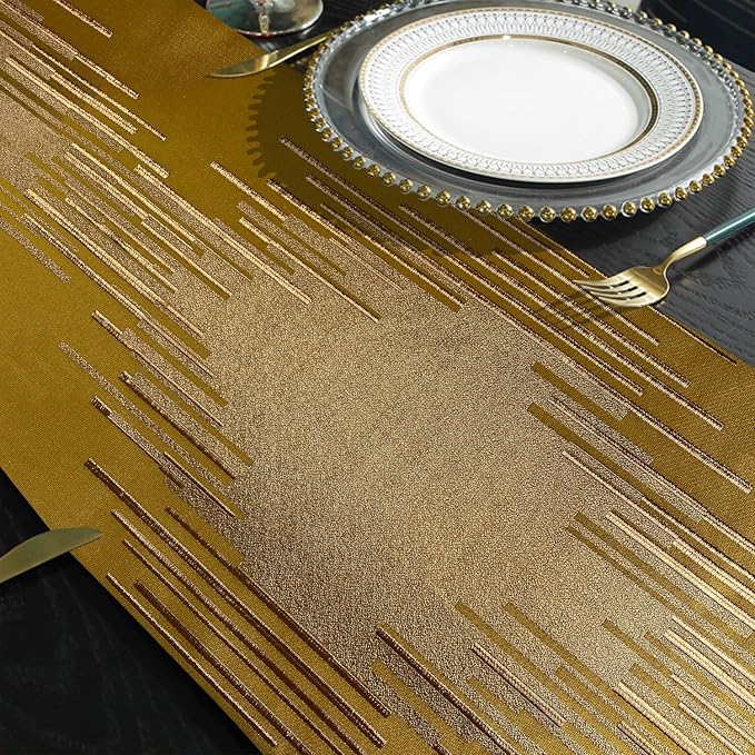 Luxury Gold Texture Table Runner, Modern Abstract Striped, Tassel | Table - Image 5