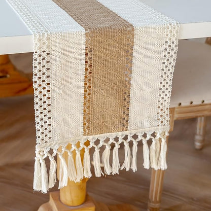 EMMTEEY Boho Table Runner with Tassels 108 Inches Long, Cream Brown | Handmade - Image 3