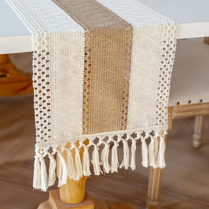 EMMTEEY Boho Table Runner with Tassels 72 Inches Long, Cream Brown | Handmade - Image 3