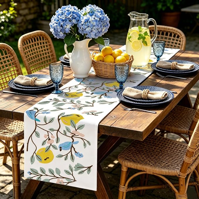 Embroidered Table Runner 14x72 Inch, 3D Textured Lemon Floral Canvas Dresser - Image 2
