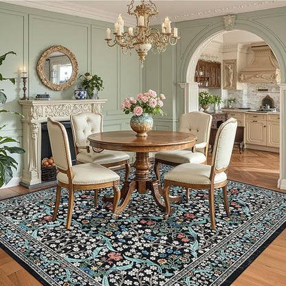 GarveeHome 8x10 Area Rugs, Washable Rugs for Living Room Non Slip Stain Resistant Ultra Soft Floral Rug, Boho Carpet Floor Mat for Bedroom Dining Room Nursery Playroom Office, Black