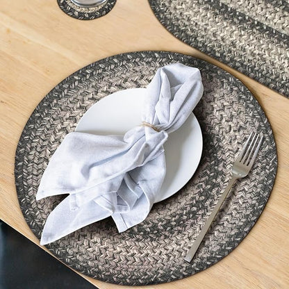 Homespice Flint Hill Round Braided Placemats, Warm Primitive Decor, Set of 2, 15", Grey Jute Table Mats - Vibrant Colors, Durable, Easy to Clean and Protects Furniture