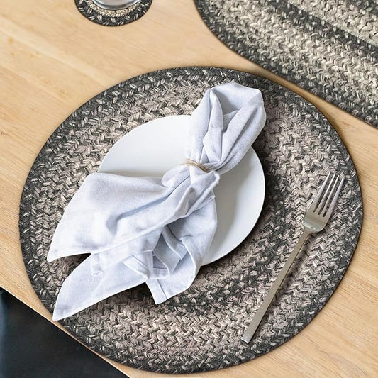 Homespice Flint Hill Round Braided Placemats, Warm Primitive Decor, Set of 2, 15", Grey Jute Table Mats - Vibrant Colors, Durable, Easy to Clean and Protects Furniture