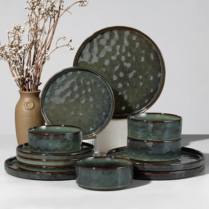 HaWare Dinnerware Sets, 12-Piece Plates and Bowls Set, Reactive Moss Green | by HaWare