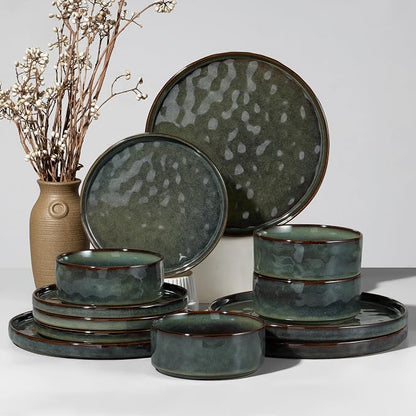 HaWare Dinnerware Sets, 12-Piece Plates and Bowls Set, Reactive Moss Green | by HaWare