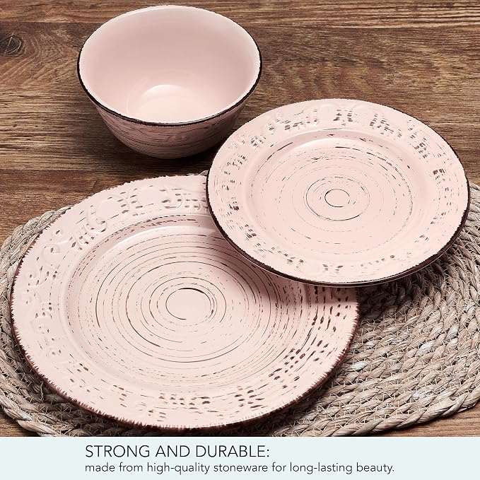 Pfaltzgraff Pink Trellis 12-Piece Dinnerware Set, Stoneware Plates and Bowls - Image 4