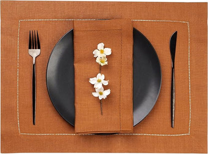 D'Moksha Homes Rust Linen Placemats Set of 6 - Classic Hemstitch Placemats 14 x 19 Inch - 100% Pure Linen Table Mats for Spring, Easter - Handcrafted and Machine Washable