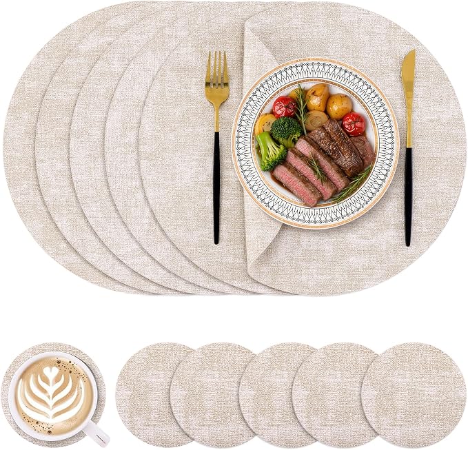 Homaxy Round Faux Leather Placemats and Coasters, Wipeable Place Mats, by Homaxy