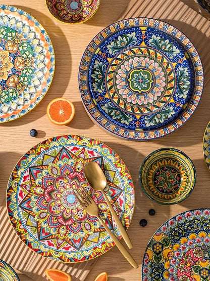 Henten Home Dinner Plates Set of 6, 10.5 Inch Porcelain Plate, Colorful Bohemian Serving Dishes for Kitchen, Pasta, Salad, Decorative, Microwave & Dishwasher Safe