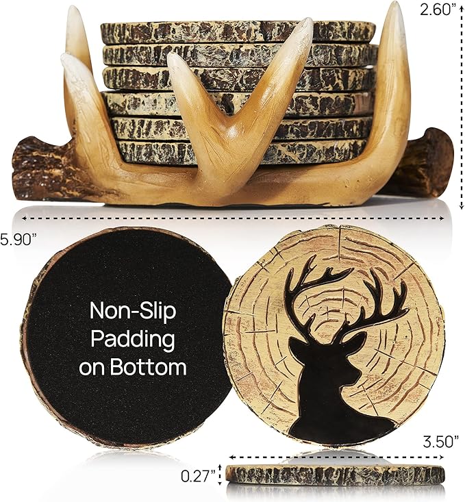 Deer Antlers Coaster Set of 6 – Handcrafted Deer Antler Decor and Man Cave Gifts for Men - 6 Full Size Deer Antlers Coasters for Man Cave Décor