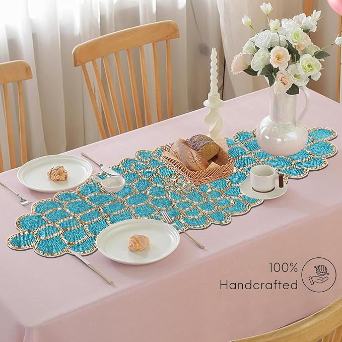 Beaded Table Runner, 13x36 | Handmade floral pattern, 85% glass beads, - Image 7