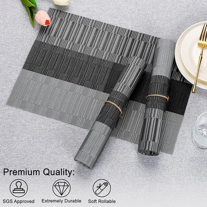 Placemats Set of 8, Vinyl Woven Place Mats Indoor Set of 8 Washable Wipeable PVC Table Mats Heat-Resistant Non Slip Plastic Placemat for Kitchen Dining Outdoor Table (Gray Black, Set of 8)