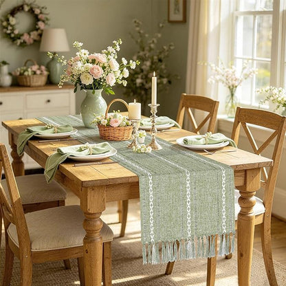 Sage Green Table Runner 15 x 72 Inches, Spring Summer Cotton Linen Coffee Table by TIOSGGD
