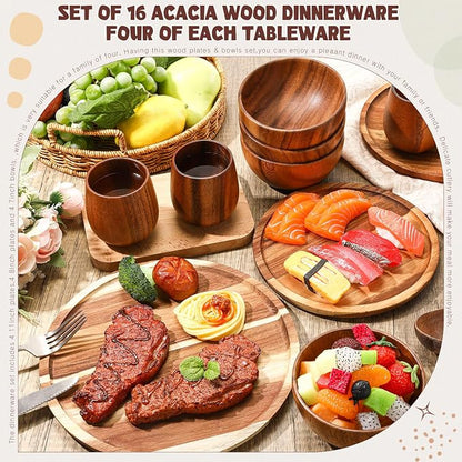 16 Pcs Acacia Wood Dinnerware Set, Round Wooden Plates, Solid Wooden Bowls and - Image 2