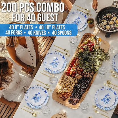 Trendables Fancy Plastic Dinnerware Sets 200 Pc Set 40 Guests Gold Silverware Disposable 40 X 10 Inch Charger Plates 40 X 8 Inch Dessert Plates 40 x Gold Plastic Forks and Spoons Knives In Botanical