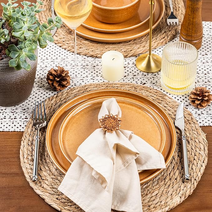 GBHOME Ceramic Dinnerware Sets for 4, 12 Pieces Stoneware Plates and Bowls Sets, Scratch Resistant Dishes, Dishwasher & Microwave Safe, Reactive Glaze-Amber
