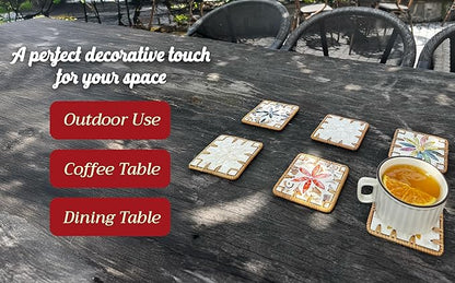 Handmade Rattan Coaster Set of 6, Cute Square Coasters with Mother of Pearl,Colorful Boho Coaster for Decorative, Coffee Table - Bar & Outdoor Drink Coasters, Unique Housewarming - Occasions Gift