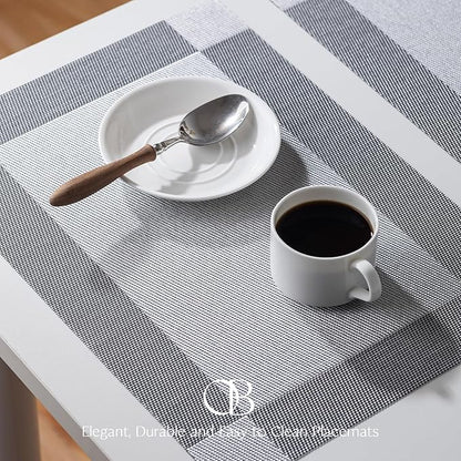 Placemats Set of 8 - Easy Clean Woven Vinyl Placemats for Dining Table, Indoor/Outdoor Place Mats, Washable PVC Table Mats （Silver Cube）