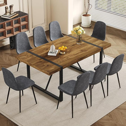 Dining Table Set for 8, Modern 71'' Dark Wood Dining Table and Fabric Dining Chairs Set of 8,Table and Chairs Set of 8,Ideal for Kitchen Dining Room