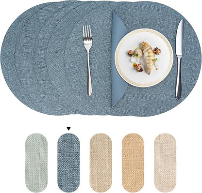 Round Wipeable Placemats Set of 6 – Faux Leather Round Table Mats, Waterproof & Washable Vinyl Placemats, Circle Design for Dining Table Decor– Charcoal Blue