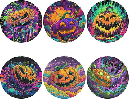 Pumpkin Coasters Leather Round Drink Coasters 6 Pcs Set with Holderor for Cup Drink Coffee Table Bar Home Decor