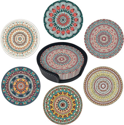 Mandala Pattern Coasters Leather Round Drink Coasters 6 Pcs Set with Holderor for Cup Drink Coffee Table Bar Home Decor
